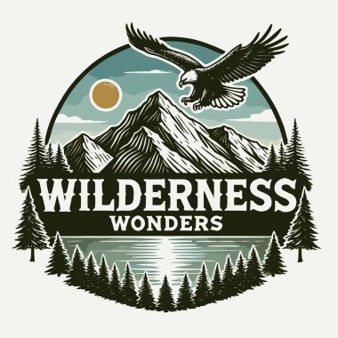 Orman ağaçlarıyla dağ ormanı logosu, vektör illüstrasyonu