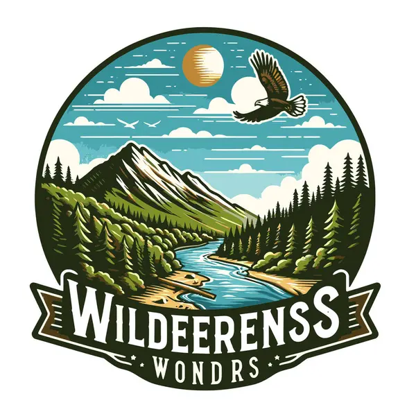 Dağ nehri ve ağaçlı vektör vintage rozet