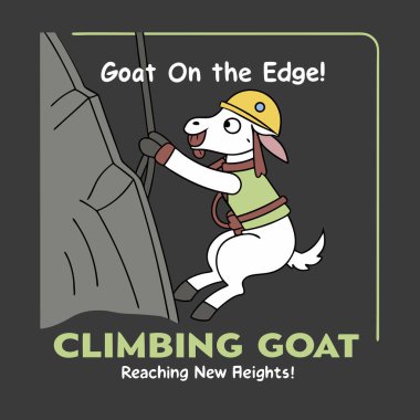 Keçi dağa tırmanmak için tırmanıyor. Üzerinde yazıyla dağa tırmanan komik küçük keçi. vektör illüstrasyonu