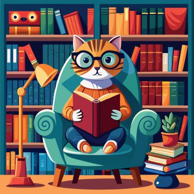 Çizgi film karakteri, kitap başında oturan kedi.
