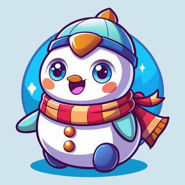 Atkısı ve eşarbı olan sevimli bir kardan adam. Yılbaşı vektör illüstrasyonu