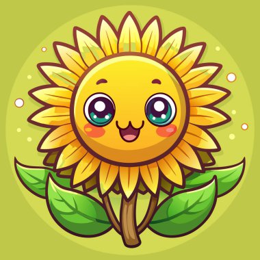 Vektör karikatür çizimi. Şeffaf arka planda büyük gözleri olan sevimli küçük ayçiçeği. Komik gülümseyen ayçiçeği.