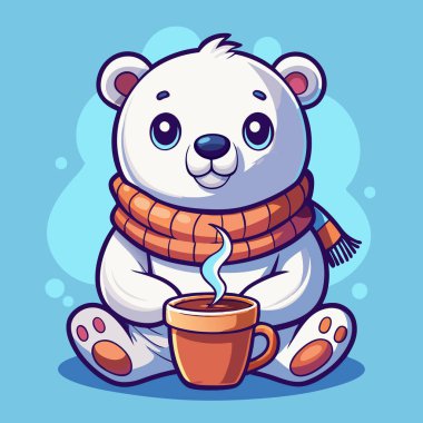 Elinde bir fincan sıcak içecek tutan sevimli çizgi film ayısı. Düz biçimdeki vektör illüstrasyonu