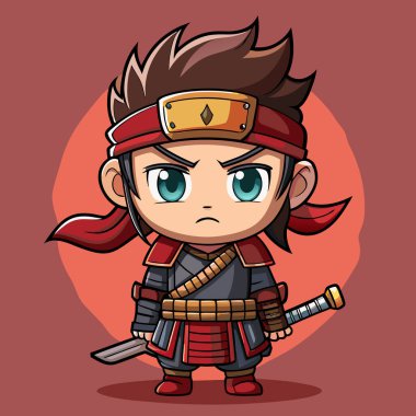 Vektör grafik. Japon samuraylarının maskotu beyaz arka planda izole edilmiş.