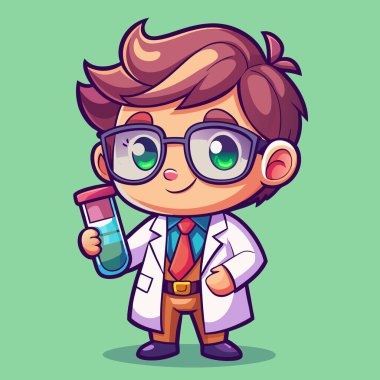 Çizgi filmdeki erkek bilim adamı elinde bir tüp ile kameraya bakıyor. Gözlüklü bir bilim adamı ve bir bilim adamının vektör çizimi.