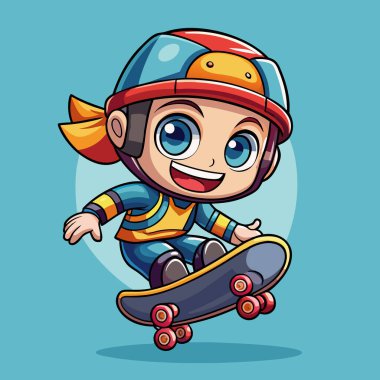 Kaykay süren sevimli çizgi film çocuğu. vektör illüstrasyonu.