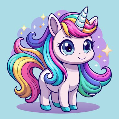 Renkli gökkuşağı resimli şirin tek boynuzlu at.