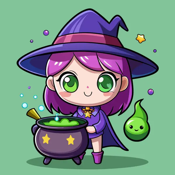 Şapkalı küçük cadı kız ve sihirli değnekli bir cadı. Çocuklar için cadılar bayramı illüstrasyonu