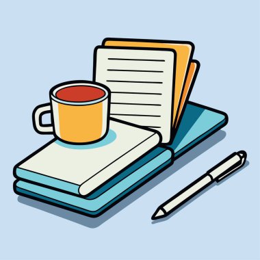 Mavi arkaplanda kahve ve not defteri, vektör illüstrasyonu