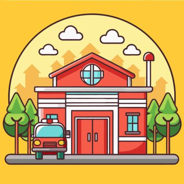Yangın ve araba vektör çizimine sahip itfaiye binası