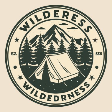 Vahşi ormanlarla dolu klasik kamp amblemi.