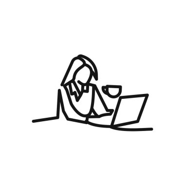 İş kadını kahve ikonu logosu içiyor. Siyah beyaz vektör çizgisi.