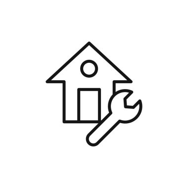 İngiliz anahtarı onarım simgesi logosu olan ev siyah ve beyaz renkte vektör çizgisi