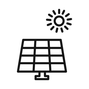 Güneş enerjisi ikonu vektör sembolü veya imza koleksiyonu siyah ve beyaz ana hatlarla belirlendi