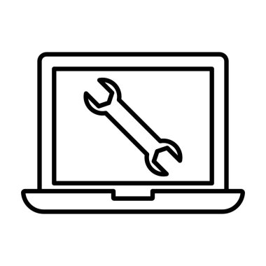 Dizüstü bilgisayar simgesi doğrusal logo işaretinin onarılması web için siyah ve beyaz olarak belirlendi