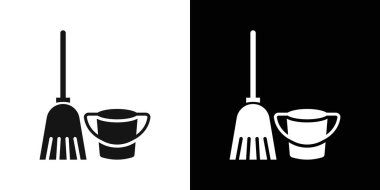 Çubuk ve kova simgesi logosuna sahip besom siyah ve beyaz renkli vektör ana hatlarını işaretle