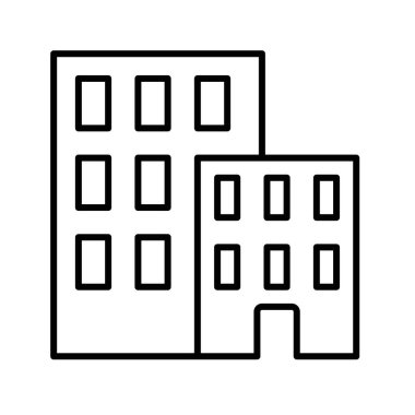 Ofis binası simgesi siyah beyaz ana hat vektöründe düz ayarlandı