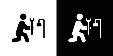 Tesisatçı siyah ve beyaz renkli boru ikonu tamir ediyor. Basit düz vektör