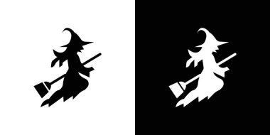 Süpürge simgesi üzerindeki cadı simgesi işareti vektör ana hatları siyah ve beyaz