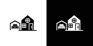 Garaj simgesi logosu olan ev siyah ve beyaz renkli vektör çizgisi