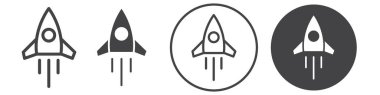 Roket fırlatma simgesi ince çizgi ana hatları ve doğrusal vektör işareti ile ayarlandı