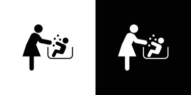 Anne, bebeği banyo küveti ikonunda yıkıyor. Doğrusal logo işaretleri, siyah ve beyaz olarak toplanıyor.
