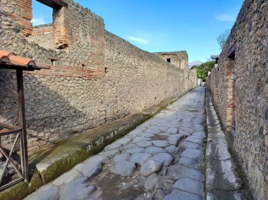 Pompeii, Campania, İtalya - 14 Ekim 2021: Pompeii Arkeoloji Parkındaki Sokaklar