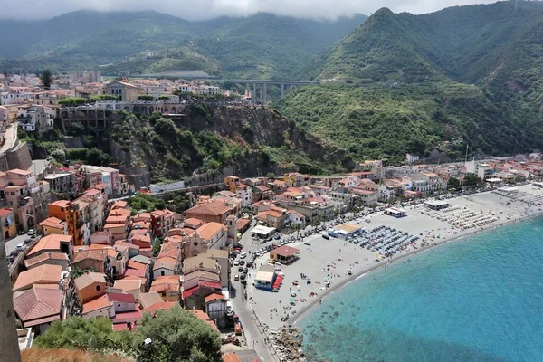 stock image Scilla, Calabria, Italy  June 13, 2021: Marina Grande beach on Via Cristoforo Colombo promenade from Castello Ruffo