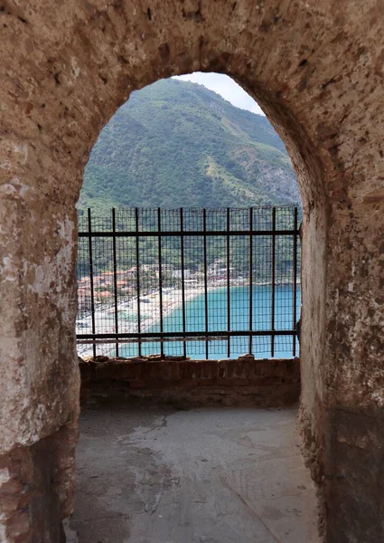 stock image Scilla, Calabria, Italy  June 13, 2021: Marina Grande beach on Via Cristoforo Colombo promenade from Castello Ruffo