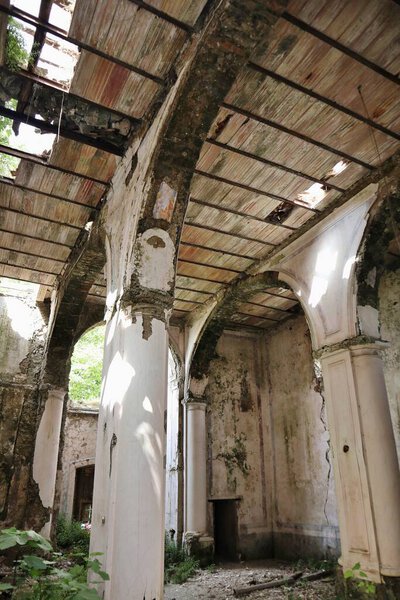 Lancusi, Campania, Italy  June 29, 2021: Interior of the Monumental Complex of San Giovanni Battista in a state of abandonment after the 1980 earthquake