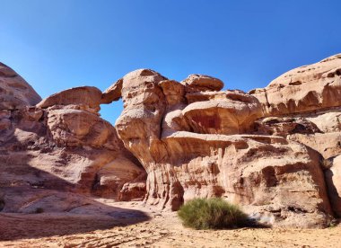 Petra, Jordan - January 6, 2023: Burdah stone bridge of Wadi Rum desert