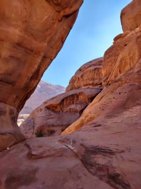 Petra, Jordan - January 6, 2023: Burdah stone bridge of Wadi Rum desert