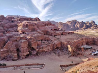 Petra, Jordan - January 7, 2023: Panorama from the Al-Khubtha trail leading down from the Royal Tombs to the Street of Facades