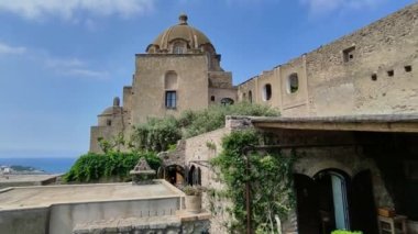 Ischia, Campania, Italy  May 12, 2022: Overview from the Cafeteria of the Monastery to the Aragonese Castle