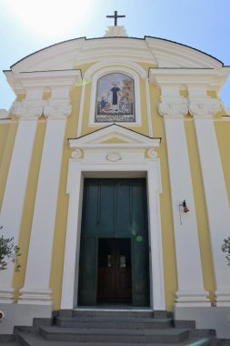 Forio, Campania, Italy  May 13, 2022: Facade of the eighteenth-century Church of San Leonardo, founded in the sixteenth century, in the small village of Panza