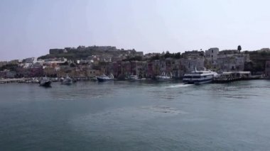 Procida, Campania, Italy  September 30, 2021: Overview of the Marina Grande port from the ferry
