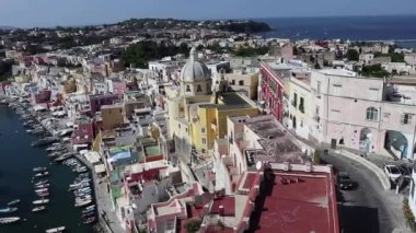Procida, Campania, Italy  October 1, 2021: Procida  Overview of the village of Corricella from Terra Murata