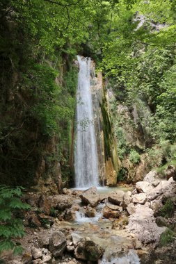 Senerchia, Campania, İtalya 24 Haziran 2023: Valle della Caccia WWWF Oasis 'de Acquabianca şelalesi doğa yolu