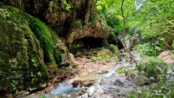 Senerchia, Campania, İtalya 24 Haziran 2023: Valle della Caccia WWWF Oasis 'de Acquabianca şelalesi doğa yolu