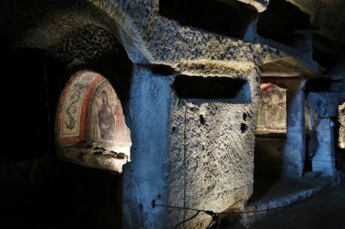 Naples, Campania, Italy  28 March 2024: Catacombs of San Gennaro, an early Christian underground cemetery built in the 2nd century and enlarged in the 4th century after the burial of Sant'Agrippino, the first patron saint of Naples clipart
