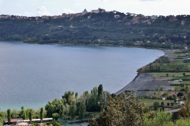 Nemi, Lazio, Italy - May 3, 2024: Panorama of Lake Albano and Castel Gandolfo from Via dei Laghi clipart