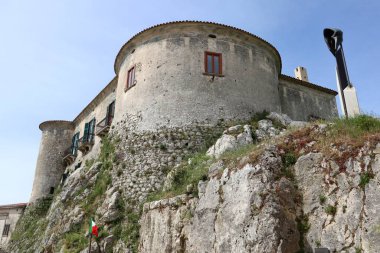 Macchiagodena, Molise, Italy - May 7, 2024: Baronial Castle or Pandone Castle from the 11th century, in Piazza Ottavio De Salvio, overlooking the village clipart