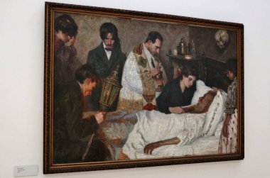 Benevento, Campania, İtalya 25 Mart 2023: Santa Sofia Anıtsal Kompleksi 'ndeki Müze del Sannio' da resimler ve resimler sergilendi