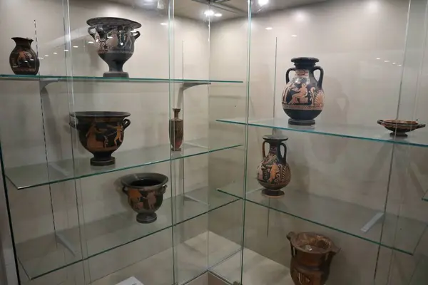 stock image Benevento, Campania, Italy  March 25, 2023: Vases and ceramics on display at the Museo del Sannio in the Monumental Complex of Santa Sofia