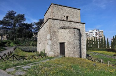 Benevento, Campania, Italy - March 26, 2023: Church of SantIlario built by the Lombards in the 7th century on pre-existing Roman structures. After the restoration in 2003 it hosts a video museum of the Arch of Trajan clipart