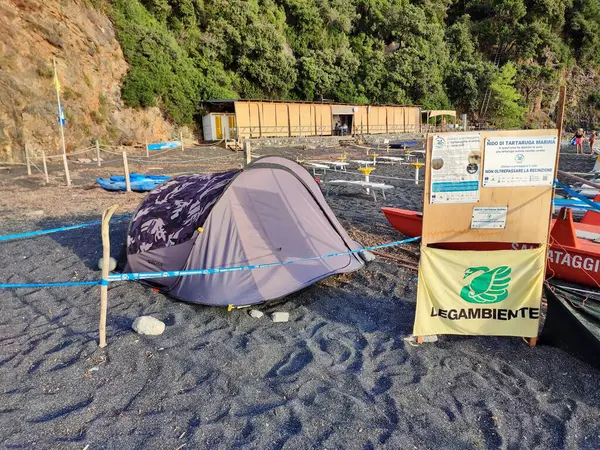 stock image Maratea, Basilicata, Italy - September 22, 2023: Nest of Caretta Caretta sea turtles on the Black Beach protected by volunteers of Legambiente and WWF