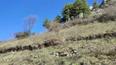 Roccamandolfi, Isernia, Molise, İtalya 11 Mart 2025: Kalenin kalıntıları 10. yüzyılda Lombard asilzadesi Maginulfo tarafından köye ve Callora Akıntısı 'nın Bölgesel Doğa Koruma Alanı' na bakan kayalık çıkıntıya inşa edildi.