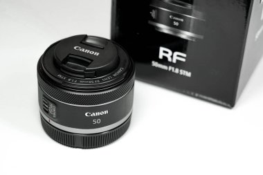 Canon RF 50mm F1.8. STM camera lens isolated on white background clipart