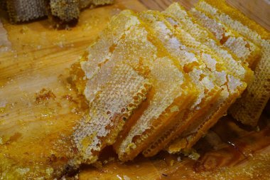 Sihirli bal peteği yakın çekim, bal toplama, bal toplama. Organik bal peteği (Türk Karakovan Balı) Tahta petek iinde ta bal                   