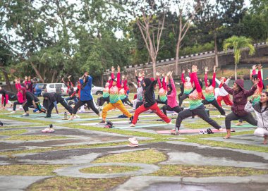 Endonezya, 29 Haziran 2024 - Bir grup kadın parkta yoga yapıyor - Bir grup kadın yazın parkta yoga egzersizleri yapıyor ve eğleniyorlar